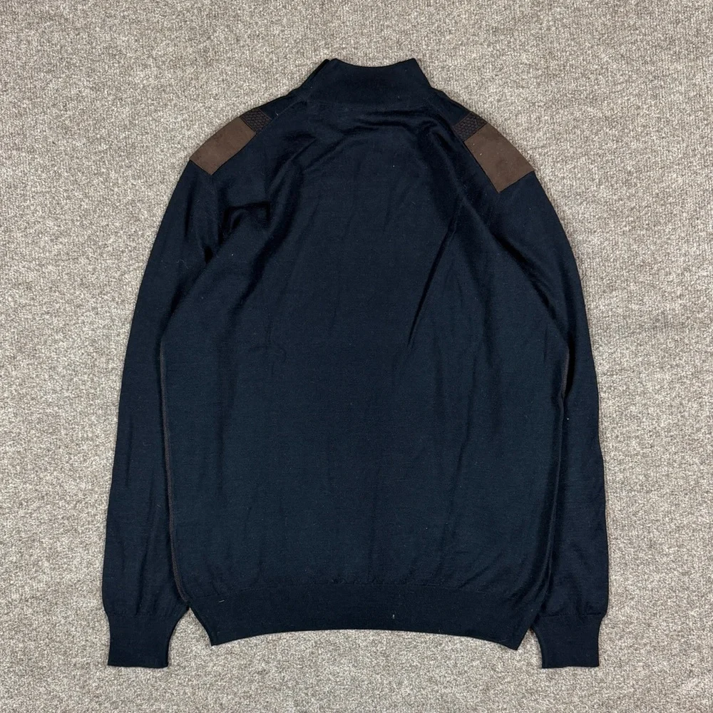 Navy Mock Neck Merino Wool Lightweight Sweater Men’s Large Suede Shoulder Patch